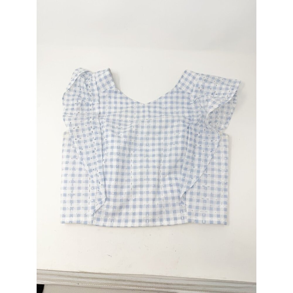Koch Womens Embroidered Eyelet Blue Gingham Ruffle Blouse Sleeveless Small